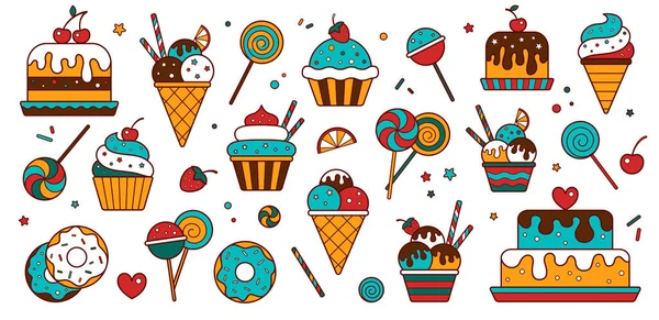 Set Food Icons Design Cafe Restaurant Confectionery Desserts Birthday Holiday — Stock Vector