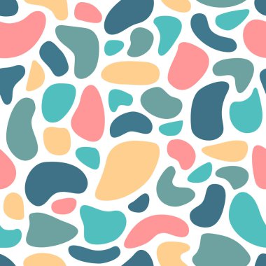 Soyut organik şekilleri ve lekeleri olan kusursuz bir desen. Arkaplan, duvar kağıdı, tekstil, kapak, afiş ve tebrik kartı için karalama tarzında vektör ögeleri. Basit, şık, minimal tasarım. Tatil için modern grafik. Moda desenli arka plan.