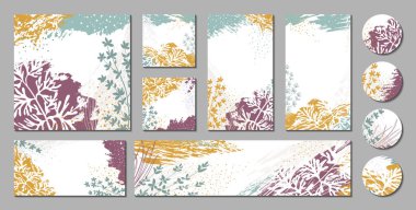 Sosyal medya paylaşımları, hikayeler, afişler, marka tasarımı, kapaklar için modaya uygun yaratıcı şablonlar. Boya dokuları, grafik elementler, bitkiler ve yapraklarla dolu vektör botanik arka planlar. Modern çiçek seti. Doğal çizimler.