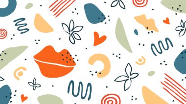 Organik şekilleri, kalpleri, dudakları olan soyut bir arka plan. Duvar kağıdı, kapak, pankart ve tebrik kartı için karalama stilinde renkli vektör unsurları. Basit, eğlenceli tasarım. Tatil için modern grafik. Moda desenli arka plan.