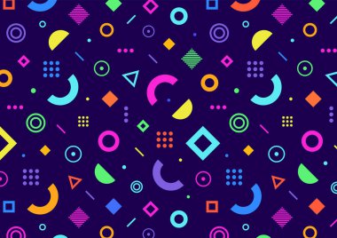 Soyut şekilleri ve çizgileri olan geometrik arkaplan. Duvar kağıdı, poster, kapak, pankart için Memphis stilinde renkli vektör unsurları. Basit, eğlenceli tasarım. Tatil için modern grafik. Moda desenli arka plan.