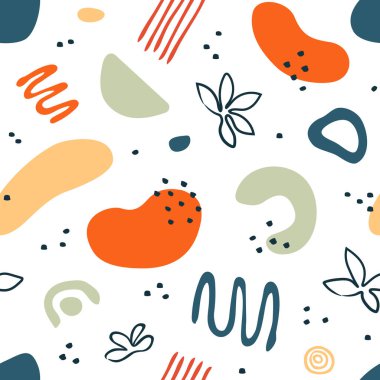 Soyut organik şekilleri, lekeleri ve çizgileri olan kusursuz bir desen. Arkaplan, duvar kağıdı, tekstil, kapak, pankart için karalama stilinde renkli vektör unsurları. Basit, eğlenceli tasarım. Tatil için modern grafik. Moda desenli arka plan. 
