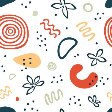 Soyut organik şekilleri, lekeleri ve çizgileri olan kusursuz bir desen. Arkaplan, duvar kağıdı, tekstil, kapak, pankart için karalama stilinde renkli vektör unsurları. Basit, eğlenceli tasarım. Tatil için modern grafik. Moda desenli arka plan. 