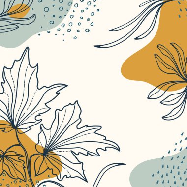 Organik şekilli arka plan, yapraklar, dal ve bitkiler. Modern trend vektör grafiği, şablon, sosyal medya paylaşımı, tebrik kartı. İş ve tatil için karalama stilindeki soyut doğal unsurlar. Basit, şık, minimal tasarım..