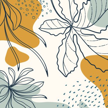 Organik şekilli arka plan, yapraklar, dal ve bitkiler. Modern trend vektör grafiği, şablon, sosyal medya paylaşımı, tebrik kartı. İş ve tatil için karalama stilindeki soyut doğal unsurlar. Basit, şık, minimal tasarım..