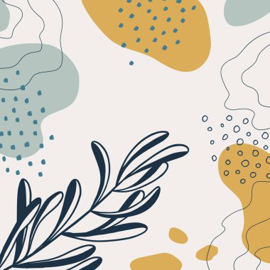 Organik şekilli arka plan, yapraklar, bitkiler. Modern trend vektör grafiği, şablon, tebrik kartı, çerçeve. Tatil ve iş için modaya uygun karalama tarzında soyut doğal unsurlar. Basit, minimal tasarım.