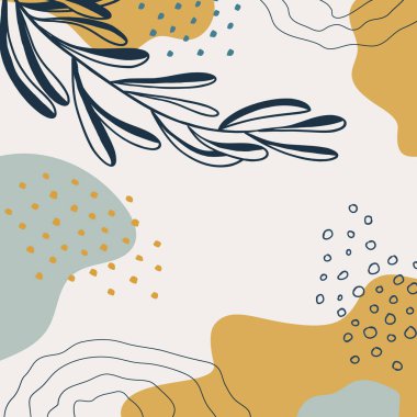 Organik şekilli arka plan, yapraklar, bitkiler. Modern trend vektör grafiği, şablon, tebrik kartı, çerçeve. Tatil ve iş için modaya uygun karalama tarzında soyut doğal unsurlar. Basit, minimal tasarım.