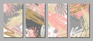 Çekilmiş grunge dokuları, şekilleri, grafik elementleri olan soyut vektör arkaplanları. Marka tasarımı, afişler, hikayeler, kapaklar, tebrik kartları için moda. Doodle tarzı. Modern desenli fırça darbesi, karalanmış. Boya çizimleri seti. 