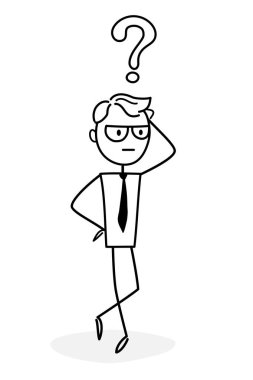 Web tasarımı için iş konsepti. Ticari faaliyetlere katılan bir iş adamı. Komik bir vektör çizimi. Fikir geliştiren bir girişimci, zor bir sorunu çözer. Doodle tarzı. 