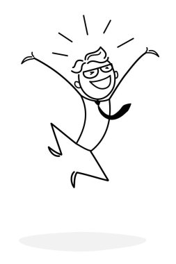 Ticari faaliyetlere katılan bir iş adamı. Bir vektör illüstrasyonunun taslağı. Girişimci sorunu başarıyla çözdü ve hedefe ulaştı. İnsan yeni bir fikirle mutlu. Web tasarımı için iş konsepti. Doodle tarzı. 