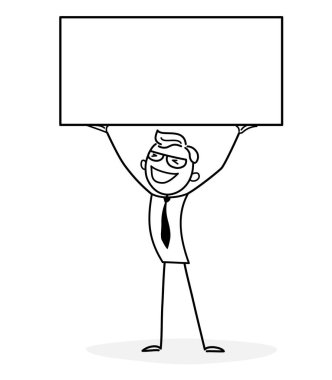 Çalışan, sunum yapan, fikirleri geliştiren, iş faaliyetlerine katılan bir adam. Web tasarımı kavramı. Metin için uzayı olan bir vektör illüstrasyonunun taslağı. Doodle tarzı