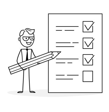 İş adamı çalışıyor, sunum yapıyor, fikirler geliştiriyor, iş faaliyetlerine katılıyor. Çevrimiçi öğrenme. İş planı. Web tasarımı kavramı. Bir vektör illüstrasyonunun taslağı. Doodle tarzı.