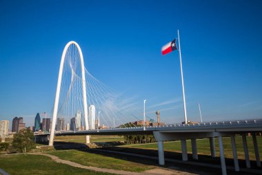 Dallas şehir merkezi Skyline ve Margaret Hut Hills köprüsü Continental Bridge Park, Texas 'tan