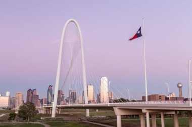 Dallas şehir merkezi silueti ile Margaret Hut Hills köprüsü, Teksas.