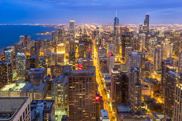 Aerial view of Chicago downtown skyline at night