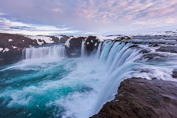 Közel Erős Godafoss Esik Sunet — Stock Fotó