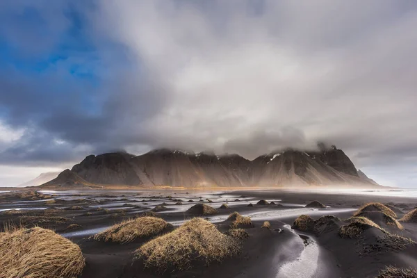 Vesturhorn Mountain Fekete Homokdűnék Izland — Stock Fotó