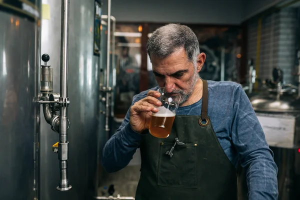 酿酒师在他手工酿造的啤酒中检查啤酒的味道和颜色 — 图库照片