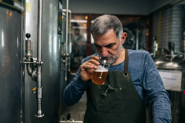 Birraio Esaminando Gusto Colore Della Birra Nella Sua Birreria Artigianale — Foto Stock