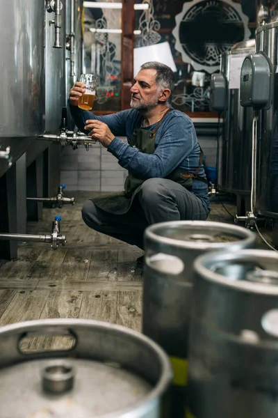 Brouwer Onderzoekt Smaak Kleur Van Het Bier Zijn Ambachtelijke Bierbrouwerij — Stockfoto