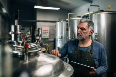 Bira fabrikasında dijital tablet üzerinde çalışan bira üreticisi. Bira yapma sürecini inceliyor.