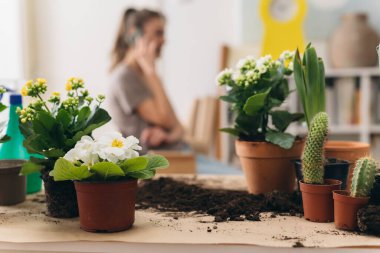 Evinde bahçeyle uğraşan bir kadın.
