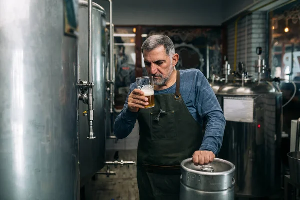 Homem Que Trabalha Mini Cervejaria Artesanal — Fotografia de Stock