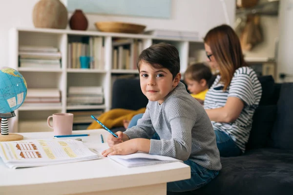 Boy Does Homework Home — Stock Photo, Image