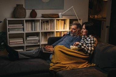 Çift evde dizüstü bilgisayar kullanarak dinleniyor. İyi geceler.