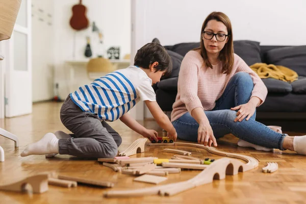 Mother Child Playing Wooden Train Home — Stock Photo, Image