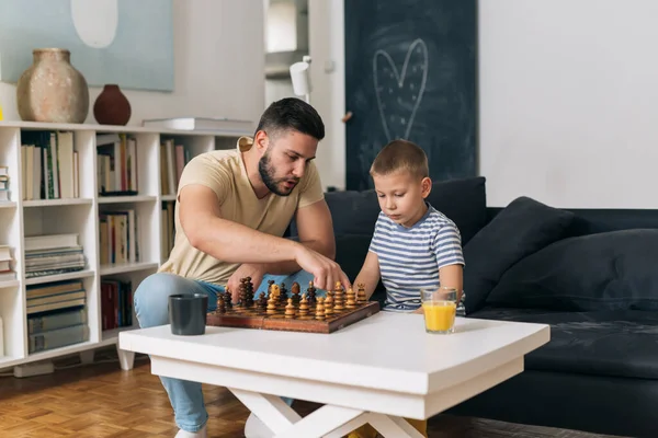 Father Playing Chess His Son Home — Stock Photo, Image