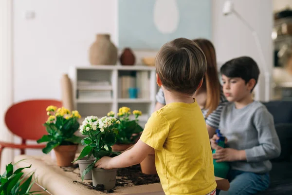 Mutter Und Söhne Hause Bei Der Blumenpflege — Stockfoto