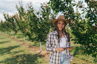 Kadın çiftçi meyve bahçesindeki ağaçları inceliyor. Dijital tablet kullanıyor.