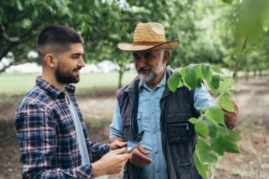 Bahçede çiftçiler konuşuyor.