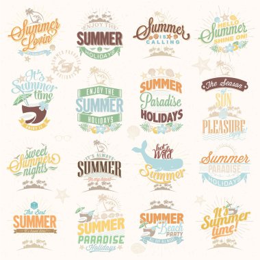 Retro elements for Summer calligraphic designs . Vintage ornaments . tropical paradise, sea, sunshine, weekend tour, beach vacation, bon voyage, adventure labels set