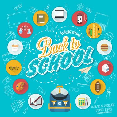 Back To School Typographical Background With Flat Icon Set, Vintage Ornaments, All for the beginning of the school, Concept of the high school object with teaching and learning symbol set