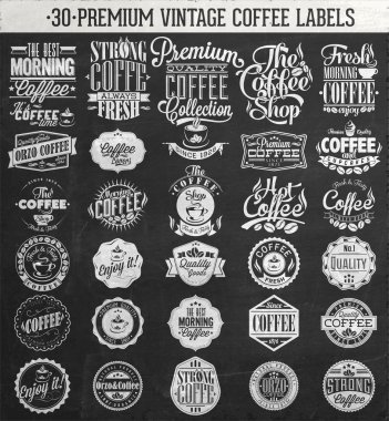 Set Of Vintage Retro Coffee Labels On Chalkboard. Coffee decoration collection . Set of calligraphic and typographic elements styled design, frames, vintage labels.