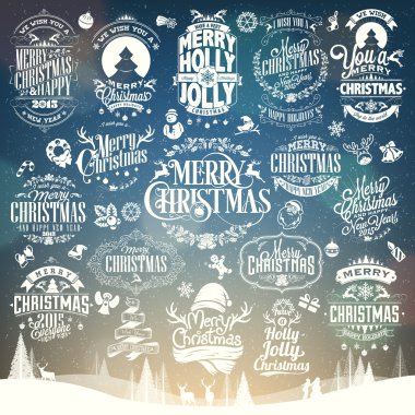 Elle çizilmiş Noel ve yeni yıl dekorasyon kaligrafi ve tipografik tasarım ile etiket, semboller ve simgeler öğeleri kümesi