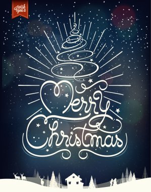 Merry Christmas Vintage Typographical Background With Hand Drawn Christmas Tree clipart