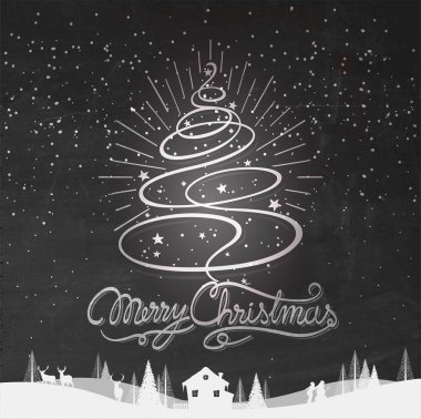Mutlu Noeller tipografik arka plan el ile Noel ağacı kara tahta çizilmiş.
