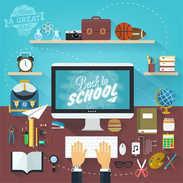 Back To School Typographical Background With Flat Icon Set, Vintage Ornaments, All for the beginning of the school, Concept of the high school object with teaching and learning symbol set — 图库照片