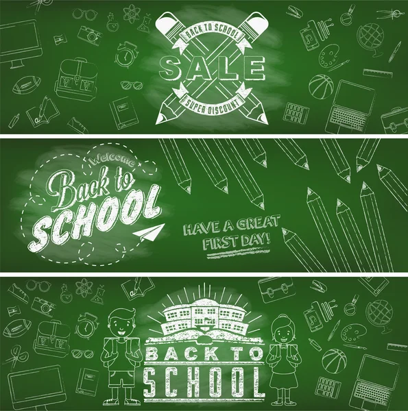 Welcome Back To School Typographical Background On Chalkboard With School Icon Elements — Stock Photo, Image