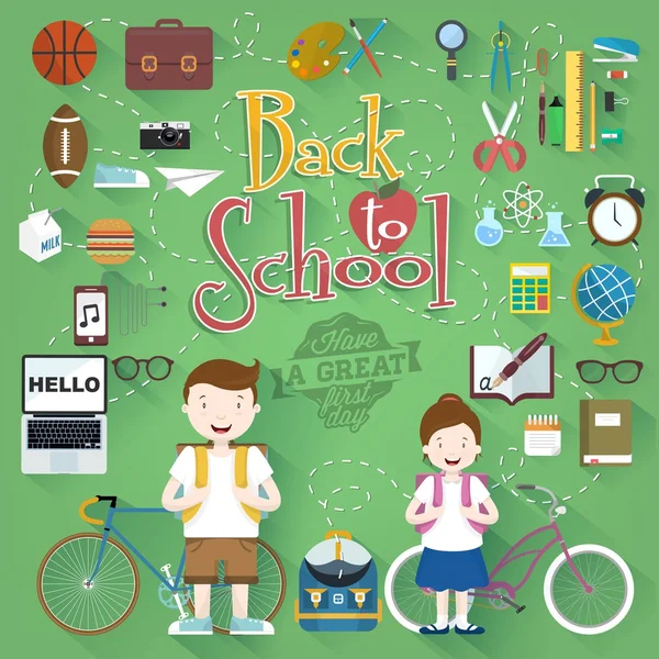 Back To School Typographical Background With Flat Icon Set, Vintage Ornaments, All for the beginning of the school, Concept of the high school object with teaching and learning symbol set — Stockfoto