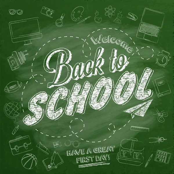 Welkom terug op school typografische achtergrond op schoolbord met school pictogram elementen — Stockfoto
