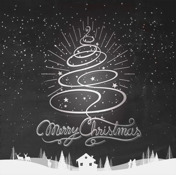 Joyeux Noël fond typographique avec arbre de Noël dessiné à la main sur tableau — Photo