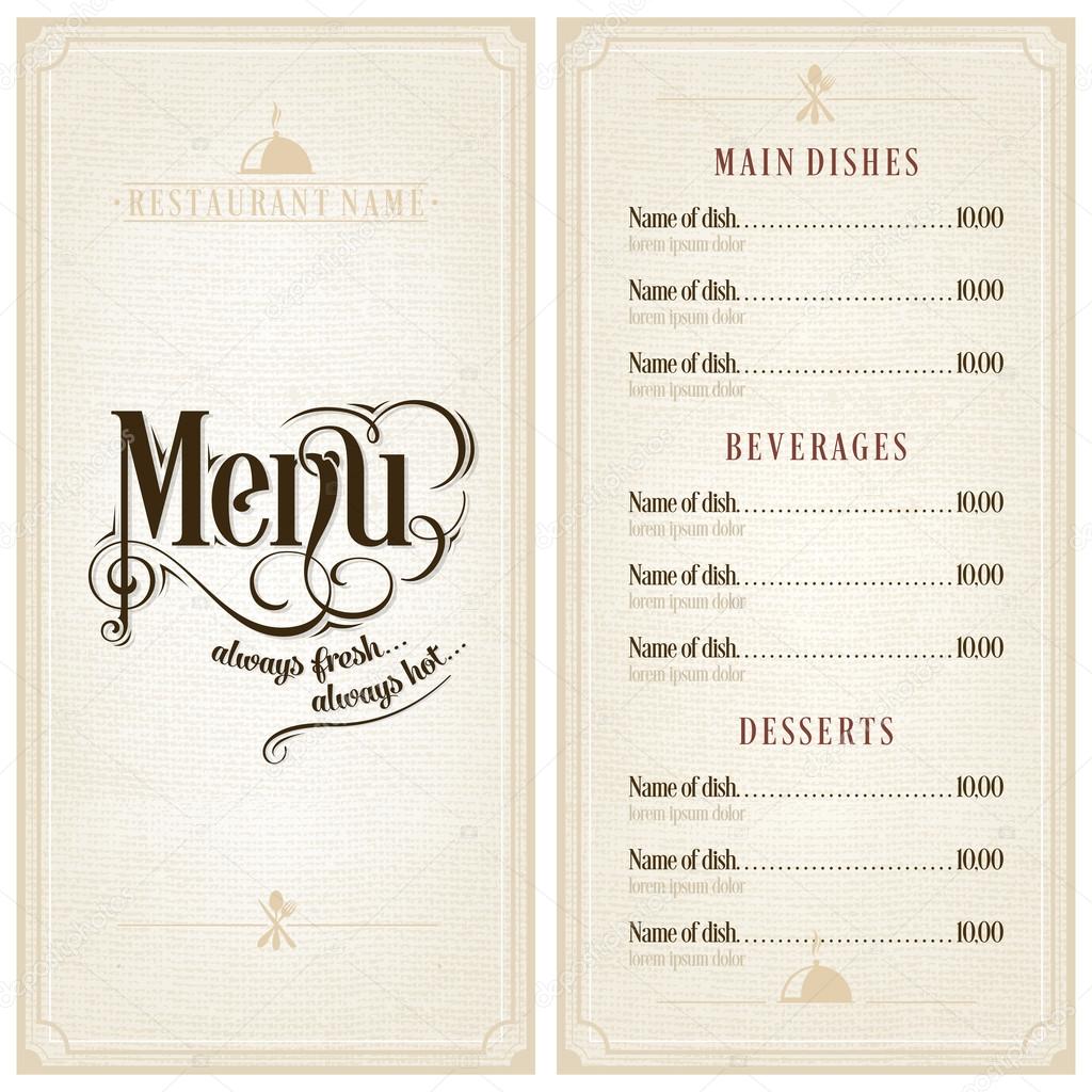 Restaurant or cafe menu design template vintage style. Flourishes calligraphic.