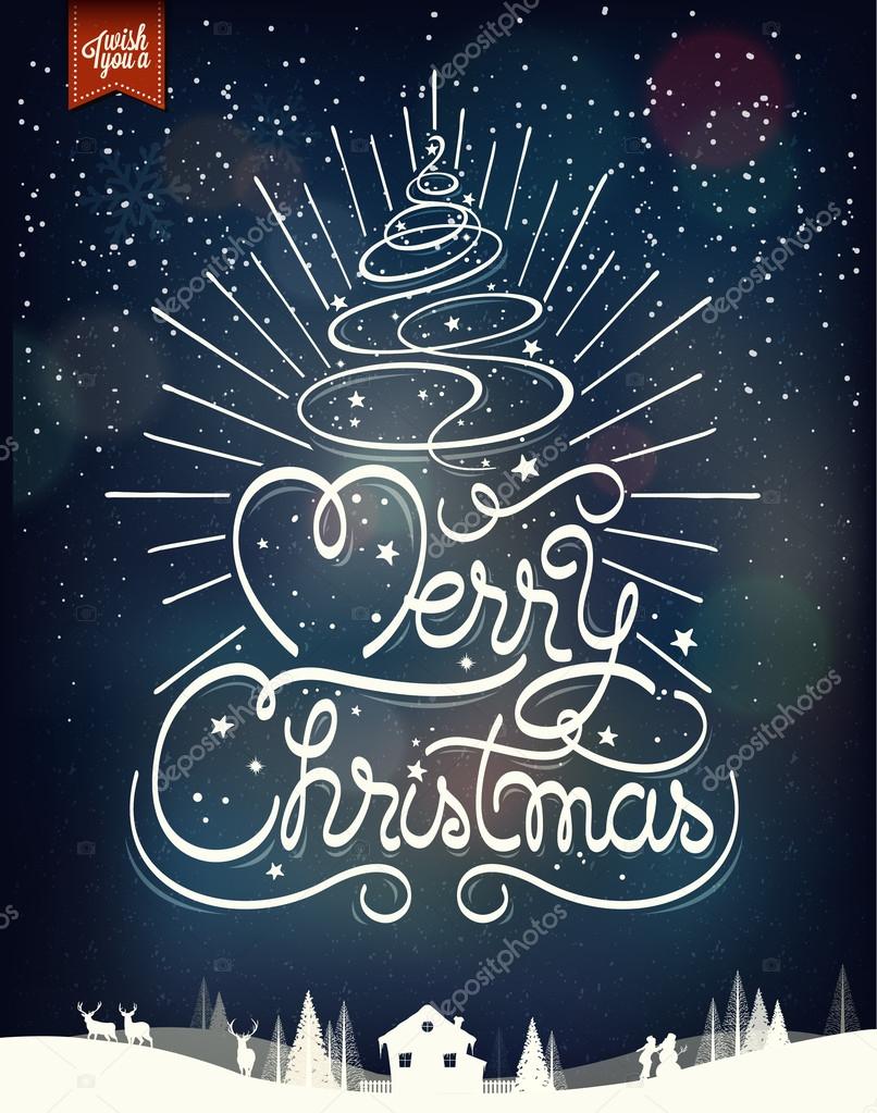 Merry Christmas Vintage Typographical Background With Hand Drawn Christmas Tree