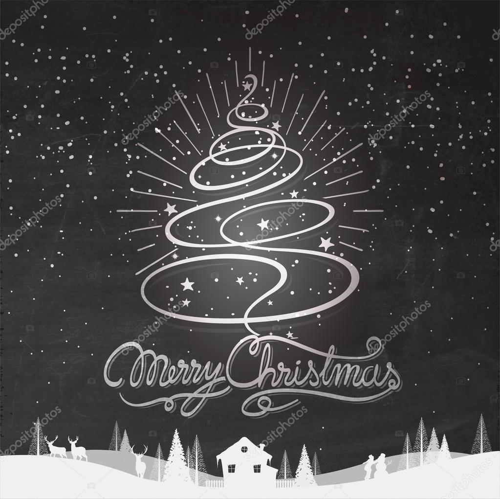 Merry Christmas Typographical Background With Hand Drawn Christmas Tree On Chalkboard