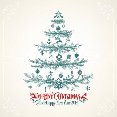 Elle çizilmiş Noel ağacı ve Noel için tüm öğeleri ile Noel ve yeni yıl Vintage arka plan