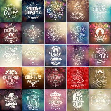 Renkli Noel ve yeni yıl tipografik arka plan Set elle çizilmiş Noel süsler ile